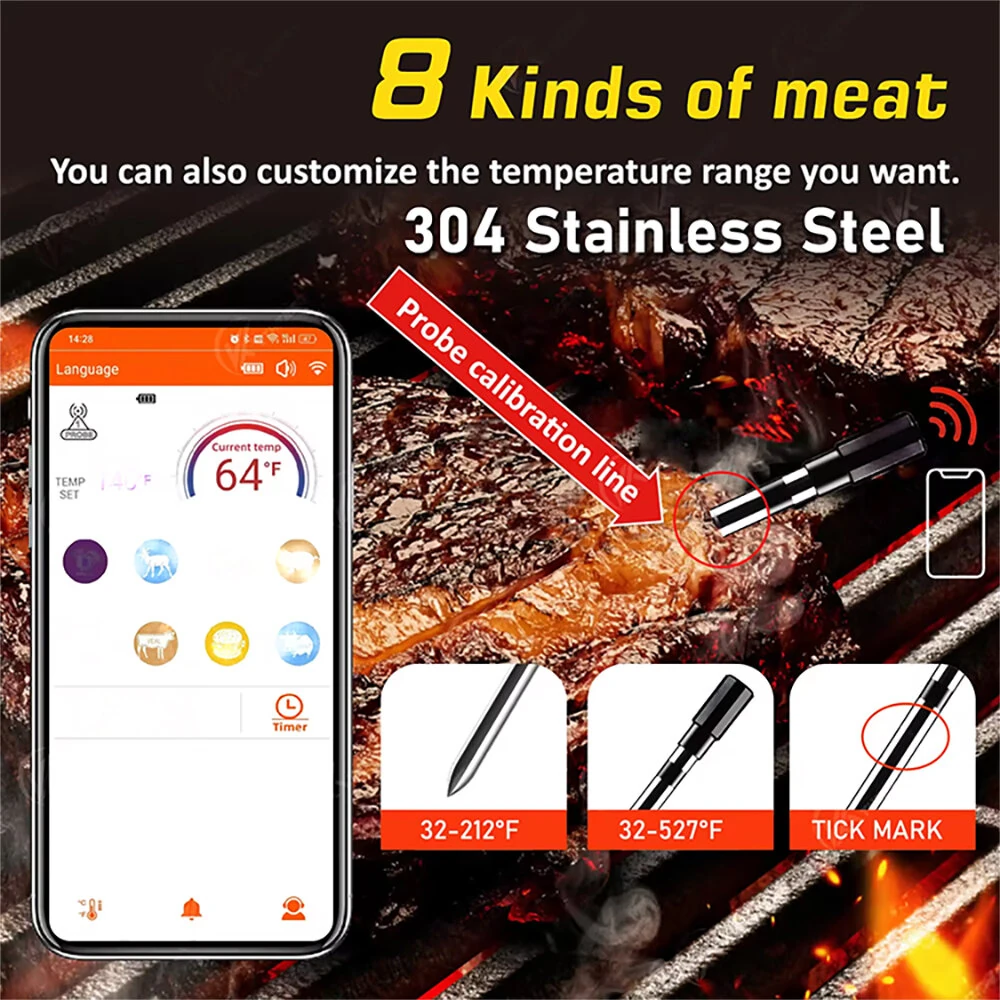 (image for) -4°F to 212°F Bluetooth Wireless Meat Steak Food Electronic Thermometer Grill Probe Smart Meat Food Kitchen Wireless Grill Thermometer