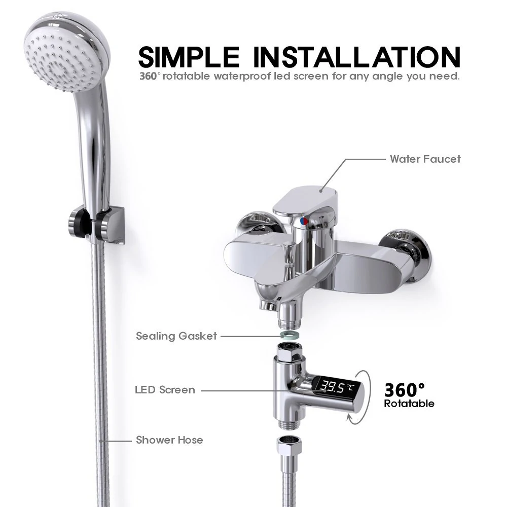 (image for) LW-101 LED Display Home Water Shower Thermometer Flow Self-Generating Electricity Water Temperture Meter Monitor Energy Smart Meter for Baby Care