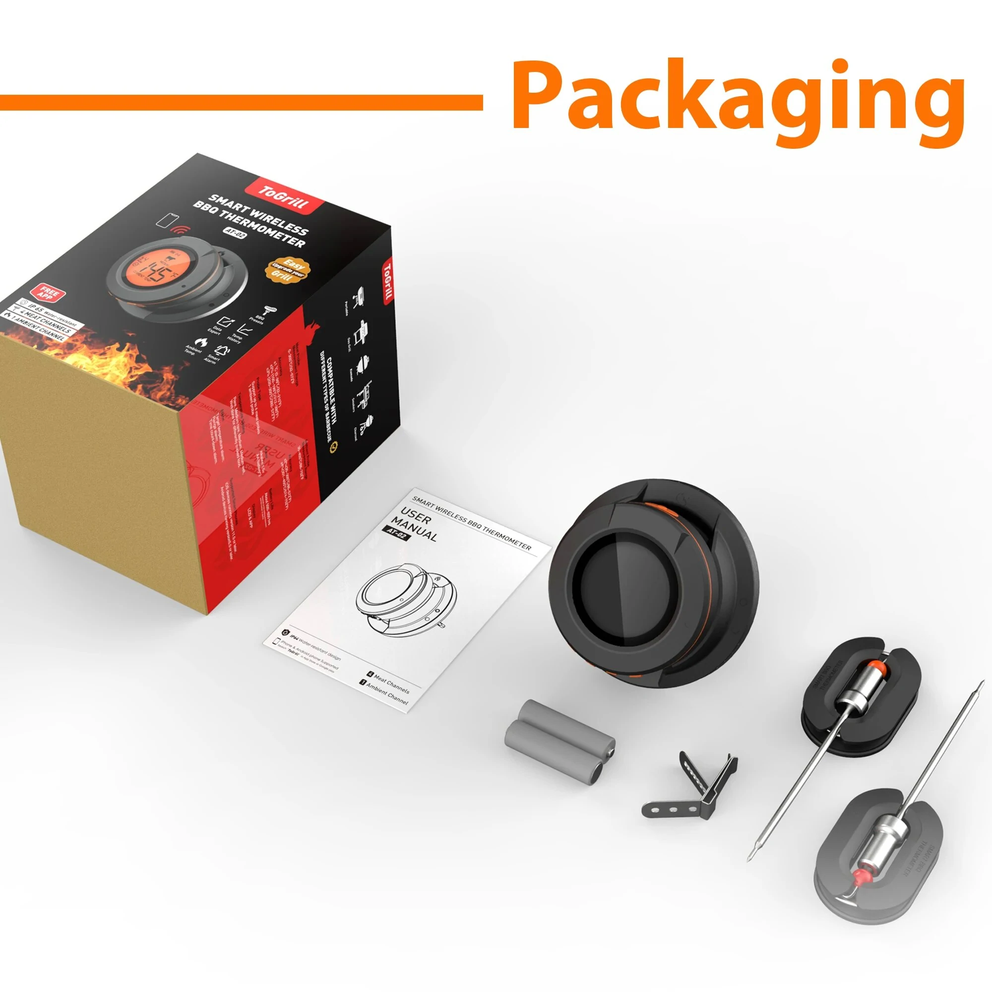 (image for) Smart Digital Bluetooth Food Cooking Waterproof IP54 Bluetooth Wireless BBQ Remote Thermometer Probes Barbecue Thermometer Free App Control Time Alarm