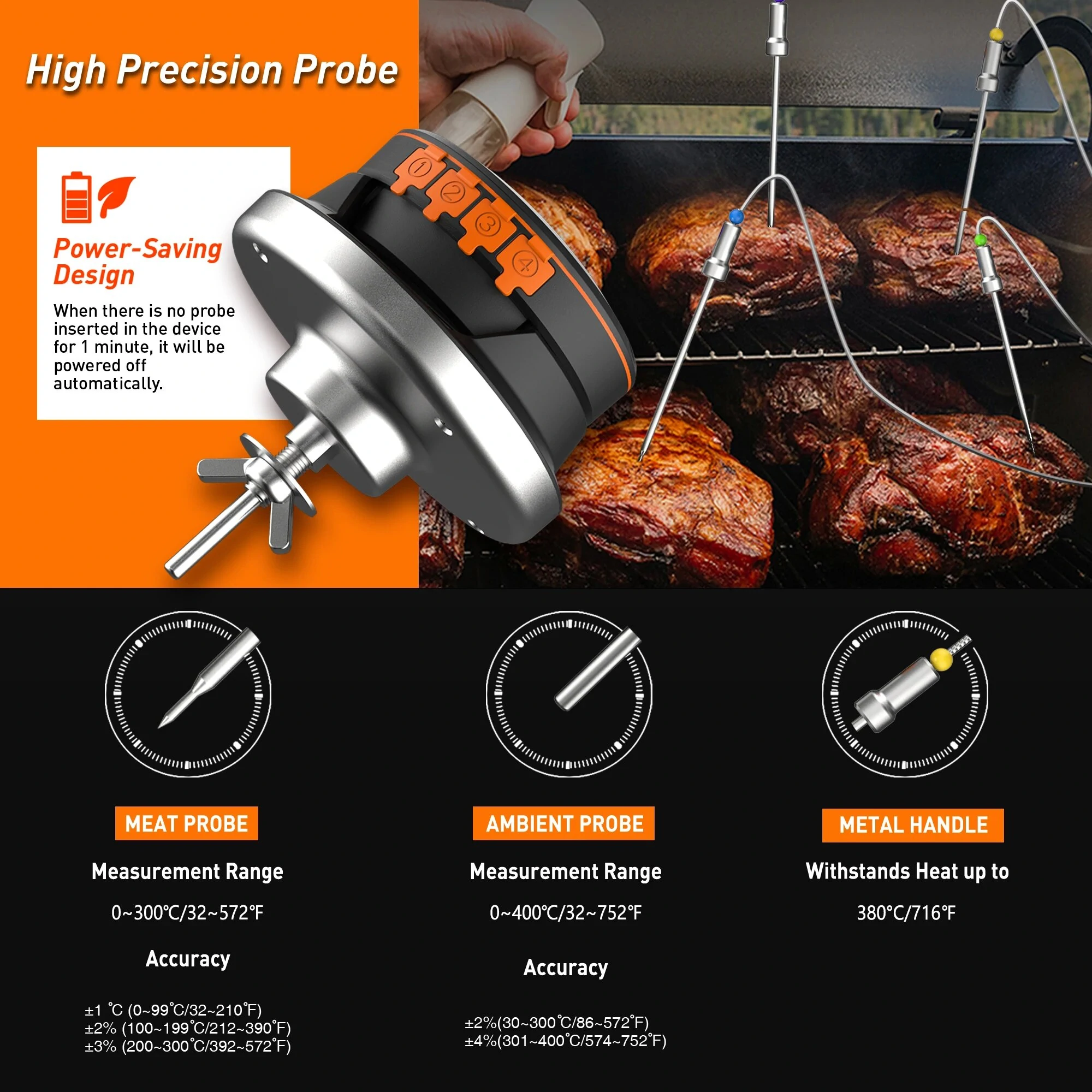 (image for) Smart Digital Bluetooth Food Cooking Waterproof IP54 Bluetooth Wireless BBQ Remote Thermometer Probes Barbecue Thermometer Free App Control Time Alarm