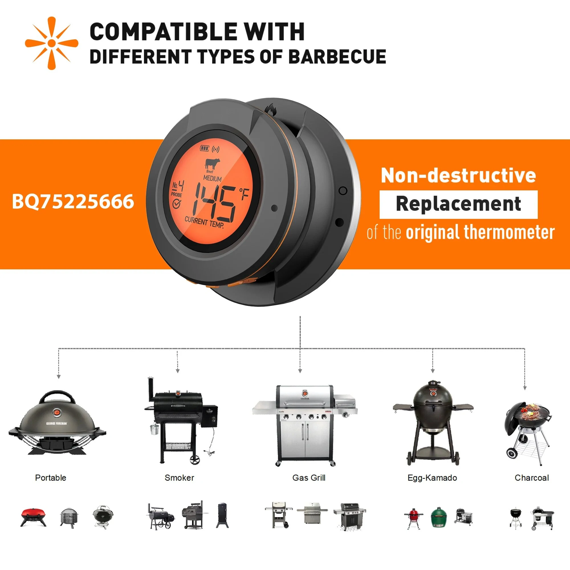 (image for) Smart Digital Bluetooth Food Cooking Waterproof IP54 Bluetooth Wireless BBQ Remote Thermometer Probes Barbecue Thermometer Free App Control Time Alarm
